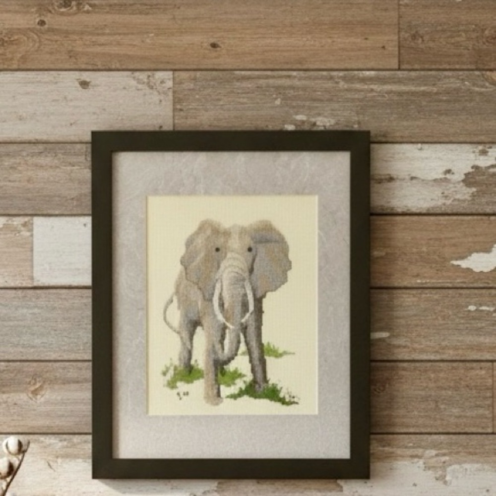 Vintage Handmade Cross-Stitch Elephant Still Life Art Work Wall Hanging